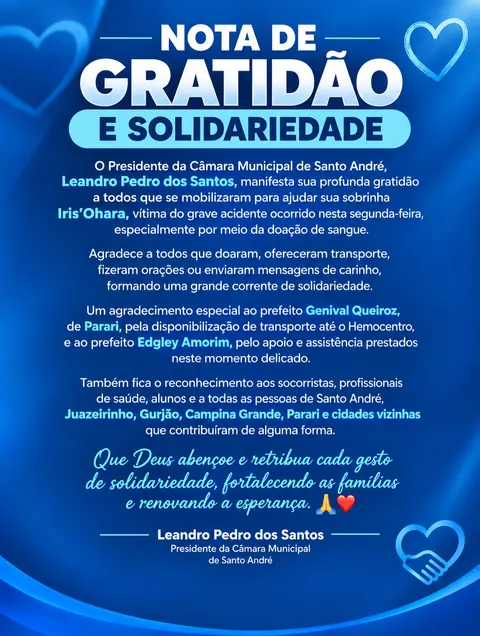 NOTA DE GRATIDÃO E SOLIDARIEDADE