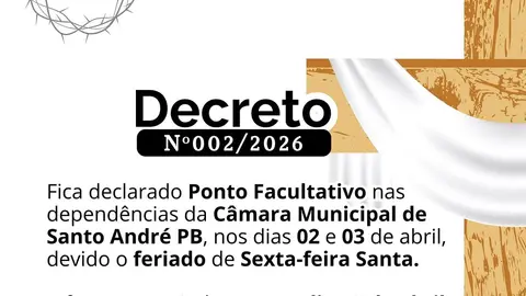 Câmara de Santo André-PB detalha ponto facultativo e expediente de 2026