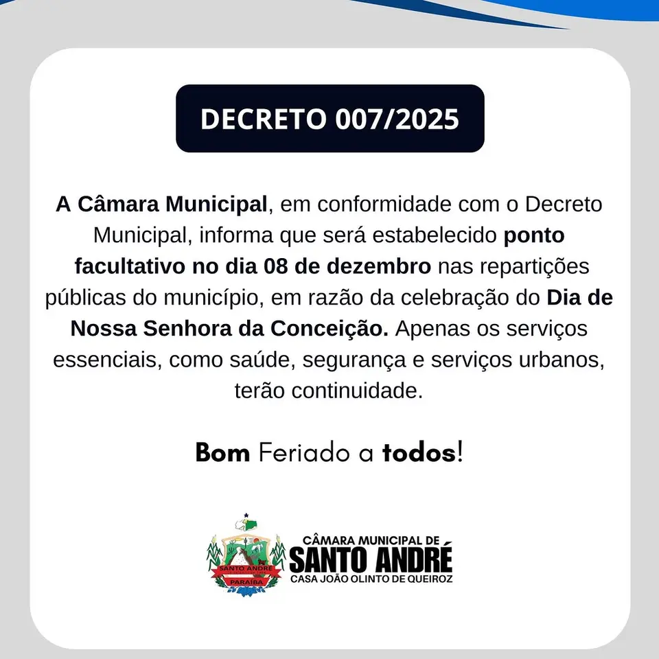 Ponto Facultativo em 8 de Dezembro Celebra Dia de Nossa Senhora da Conceição