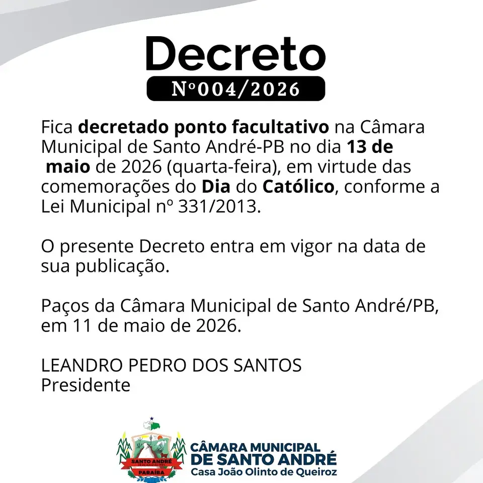 Câmara de Santo André-PB: Ponto Facultativo em 13 de Maio pelo Dia do Católico