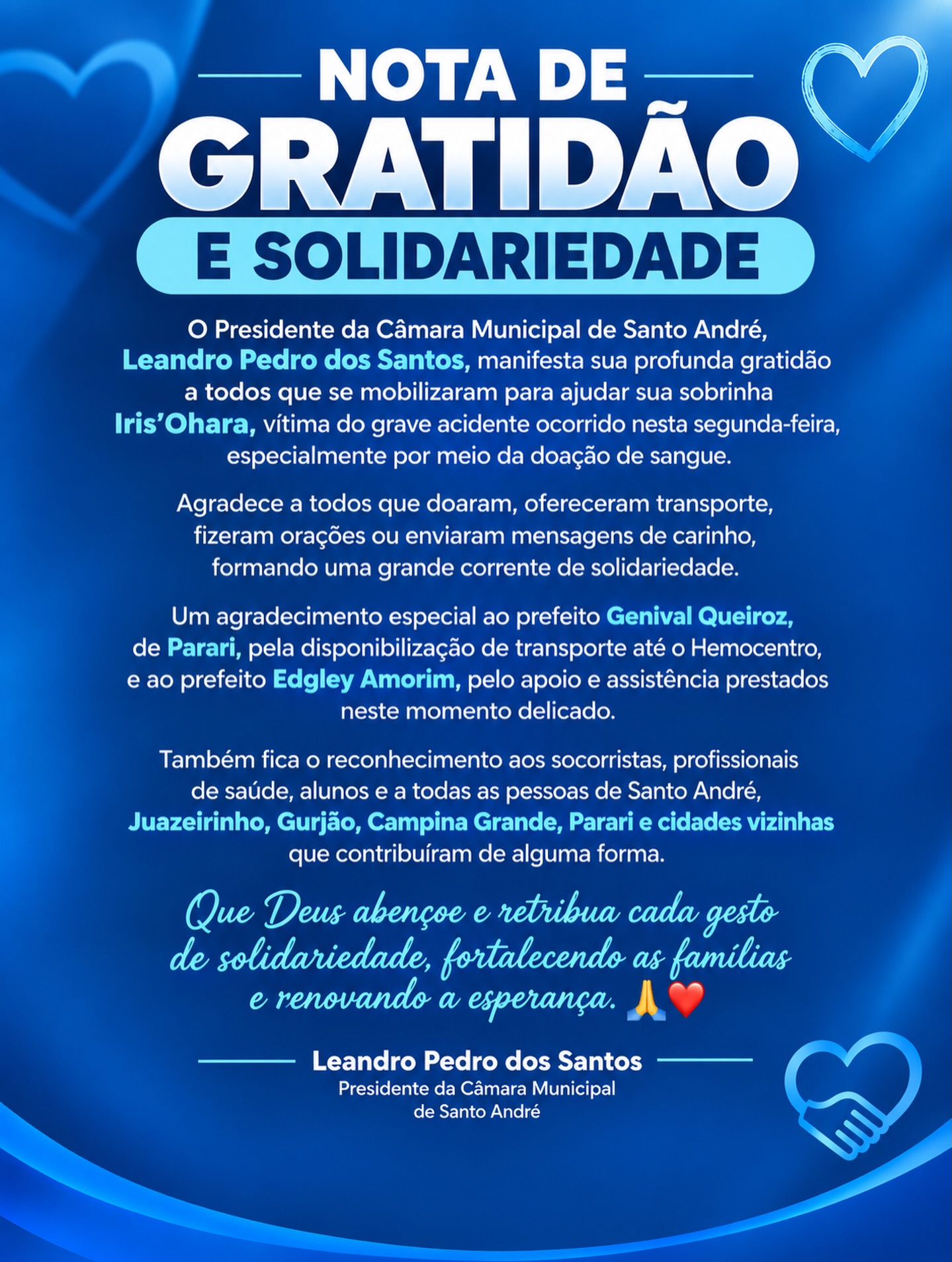 NOTA DE GRATIDÃO E SOLIDARIEDADE